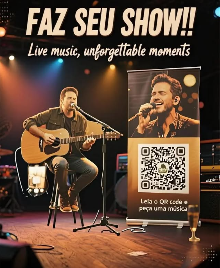 Artista com banner QR Code ao vivo